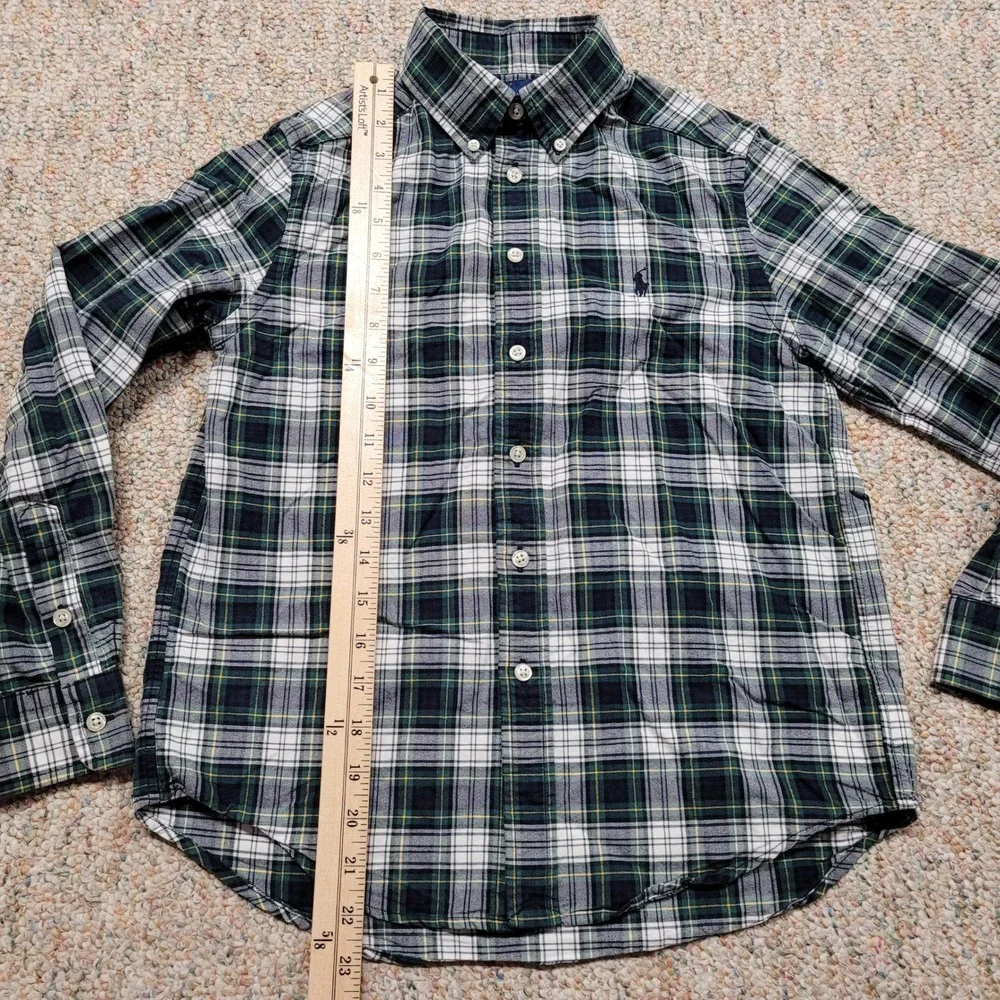 Ralph Lauren Shirt Boy Medium 10-12 Green Navy White Plaid OCBD Button Down Prep